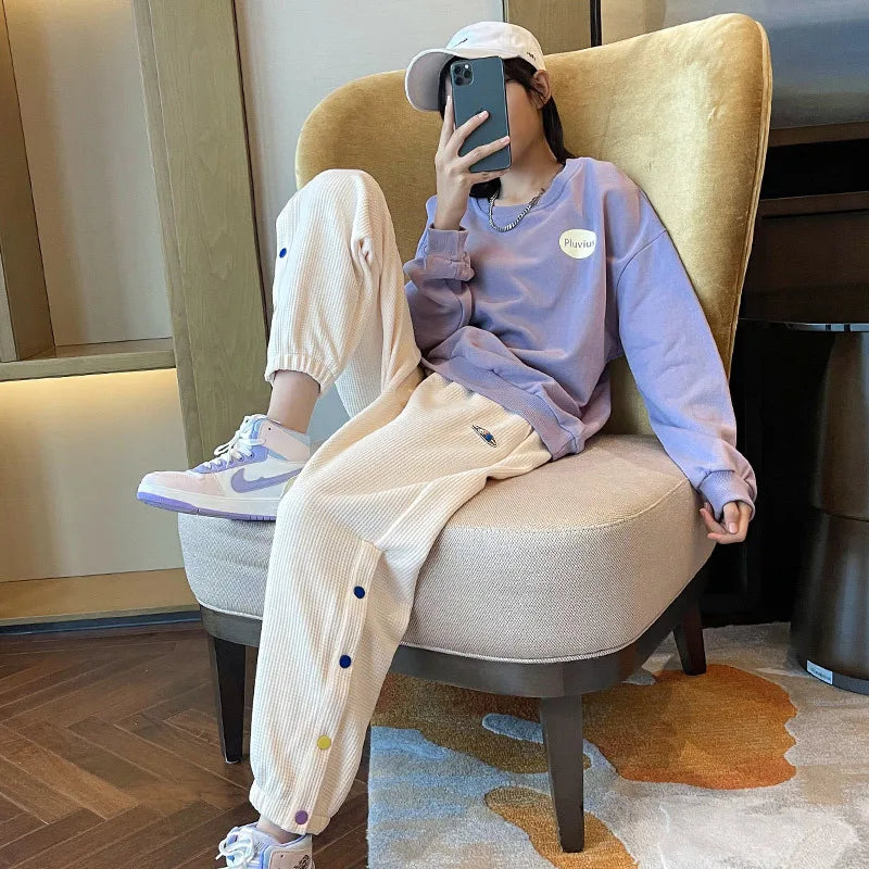 Contrast Girls Sweatshirt+Waffle Sweatpant Sets School Kids Tracksuit Students Jogger Suit Children 2 Pieces Outfits 5-16 Years