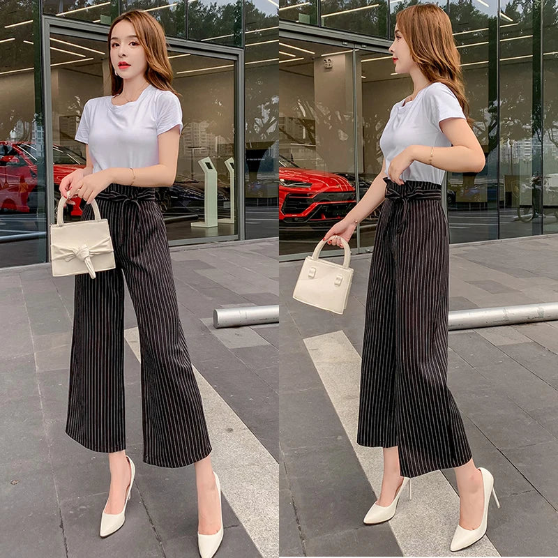Wide Leg Pants Elastic High Waist Woman Plaid Striped Bottom Capris Pant Summer Wear Loose Stripe Bow Tie Women Cropped Trousers
