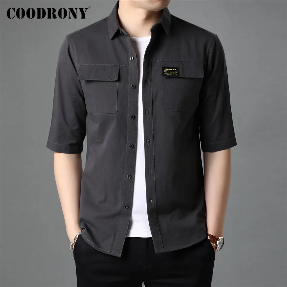 Spring Summer High Quality Streetwear Fashion Style Big Pocket 100% Cotton Half Sleeve Shirt Men Clothing C6056S