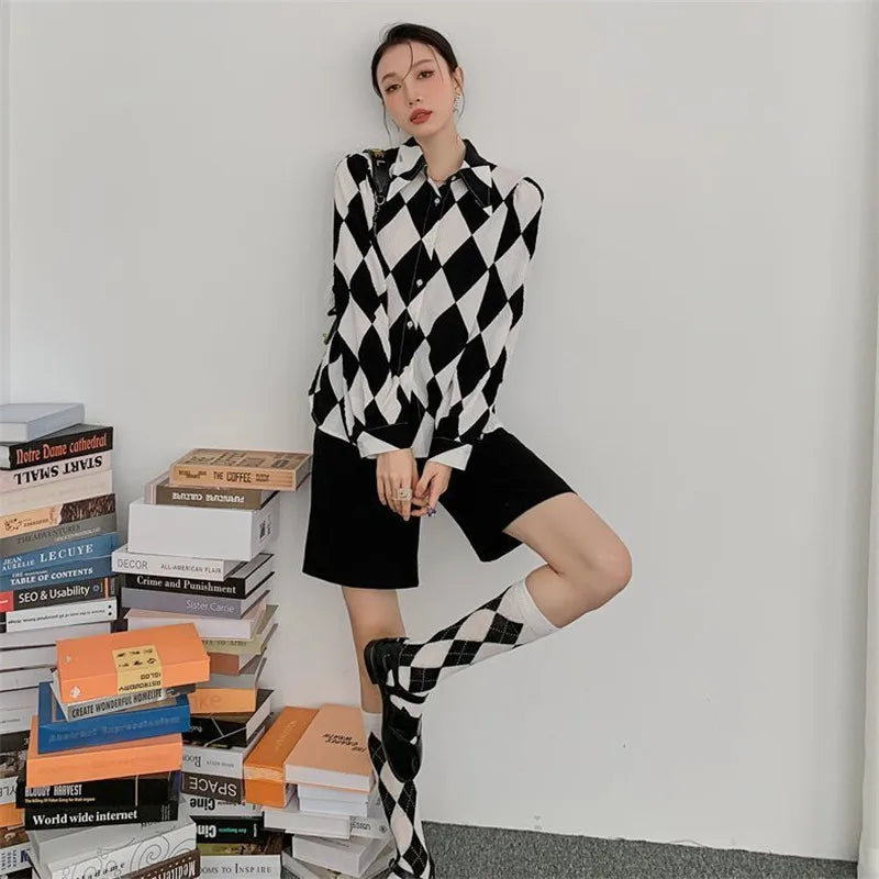 Elegant Retro Diamond Pattern Women Shirt Loose All-Match Long-Sleeved Shirt Spring Autumn Korean Style Blouse Female Top Lady