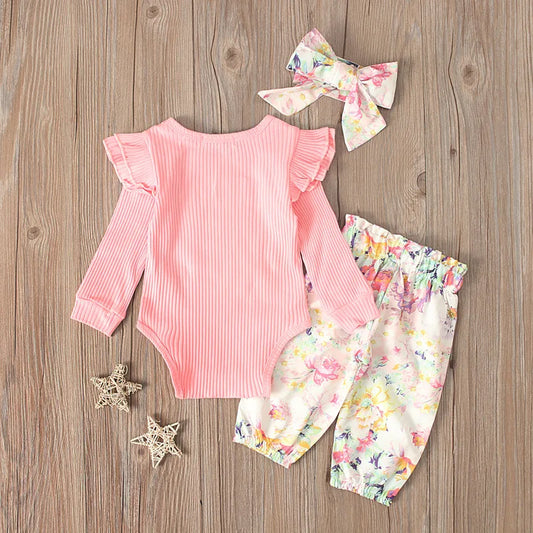 Spring 3Piece Outfits Newborn Baby Girls Clothes Long Sleeve Cotton Bodysuits+Flowers Pants+Headband Infant Clothing Sets