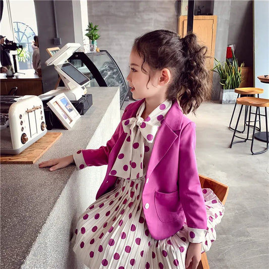 Kids School Outfits Blazer Jacket + Dress 2PCS Tuxedos Suit for Girls Formal Wedding Suit Sets Children Clothes 4 6 8 10 14 Year