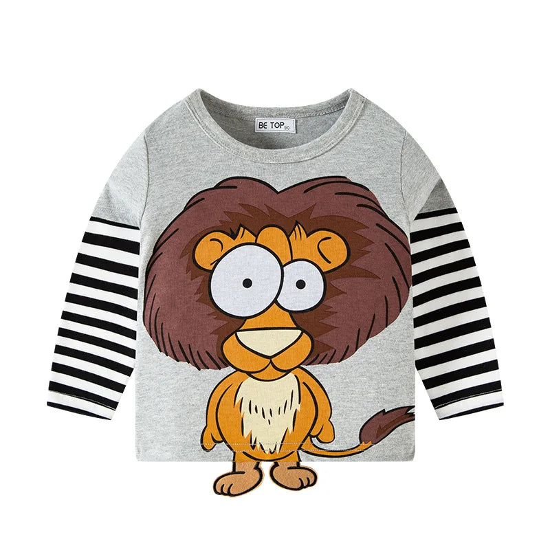 Boys Children's T-shirts Cartoon Cute Animal Pattern Stripe Shirts Casual Crew Neck for Long Sleeve Top Clothes kids girls boys toddlers
