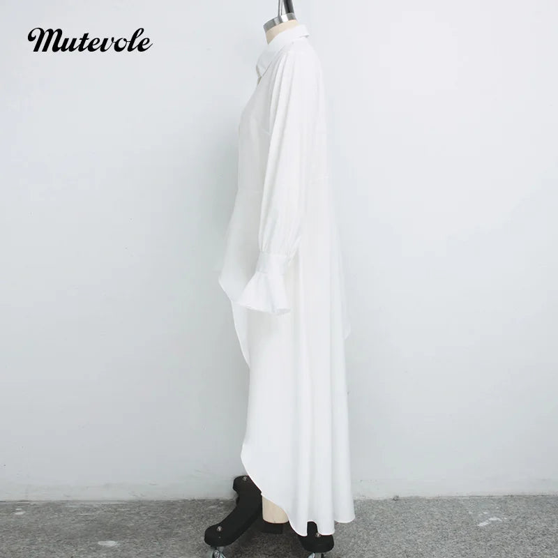 Casual Flare Sleeve Irregular Blouse Shirt Women Sexy Asymmetrical Long Shirt Fashion Front Button White High Low Tops