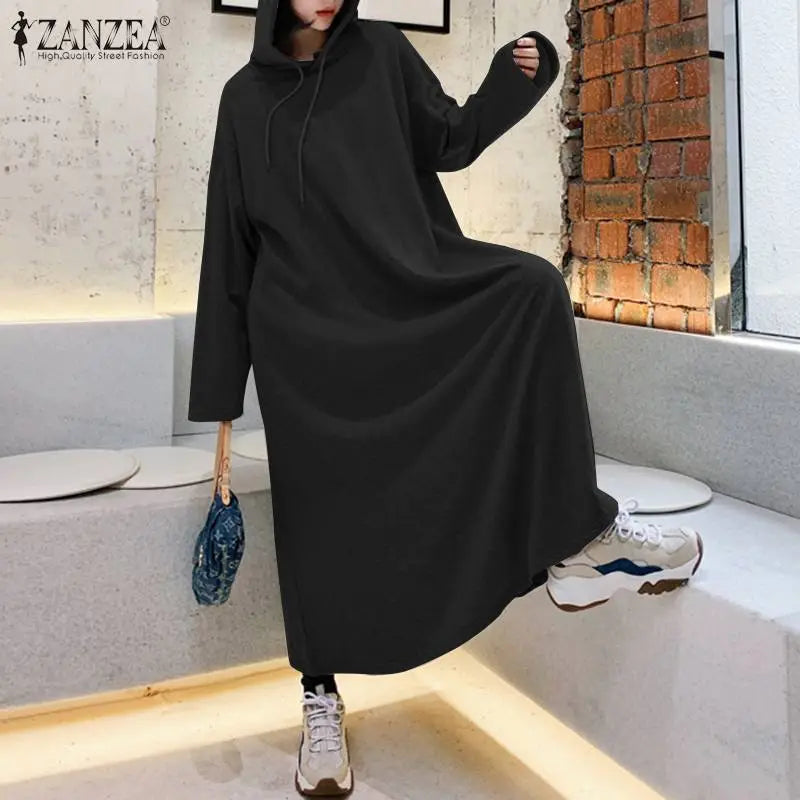 Stylish Hooded Hoodies Dress Women Autumn Sweatshirts Casual Long Sleeve Maxi  Female Solid Robe