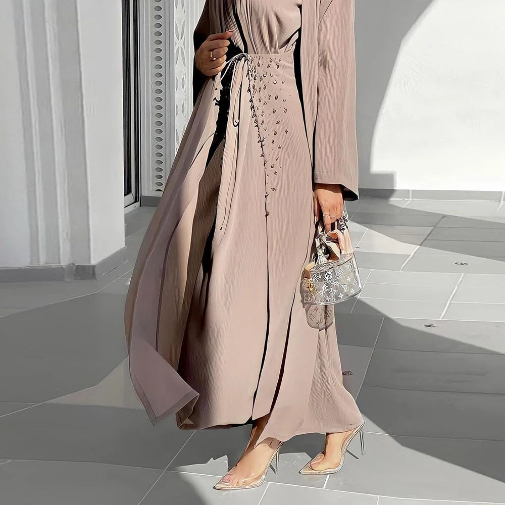 Open Abaya Islam Arabic Muslim Sets Hijab Prayer Long Dress For Women Robe Longue Kimono Femme Musulmane