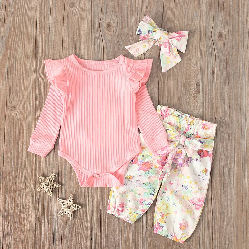 Spring 3Piece Outfits Newborn Baby Girls Clothes Long Sleeve Cotton Bodysuits+Flowers Pants+Headband Infant Clothing Sets
