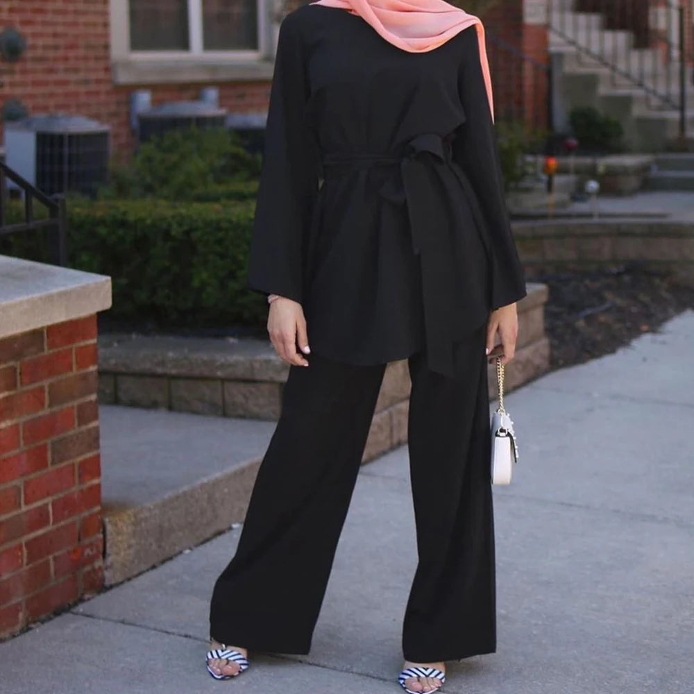 Abaya Hijab Two-piece Muslim Sets Dress Caftan Kaftans Islam Clothing 2 Piece Set Women Loose Wide Leg Pants