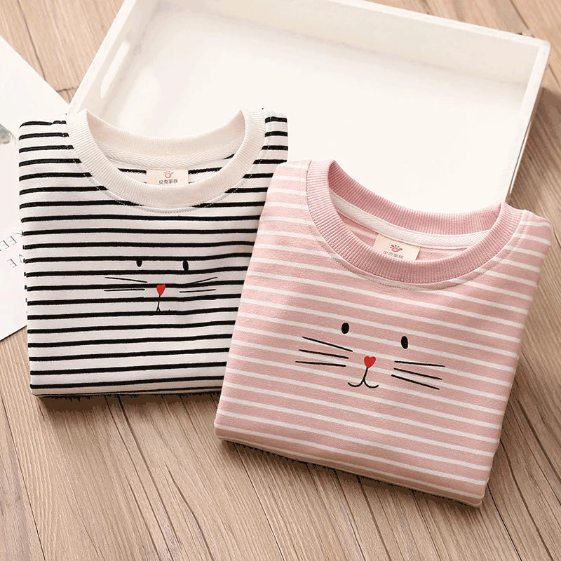 Spring Autumn Fashion 3 4 5 6 7 8 9 10 Years Children Hoodies Cotton Cartoon Striped Slim Sweatshirt For Kids Baby Girls
