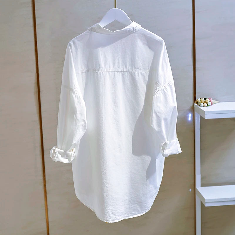 Shirts Womens  Korean Fashionable Double Pocket Long Sleeve Cotton White Tops Female  Boy Friend Style Trend Blouse