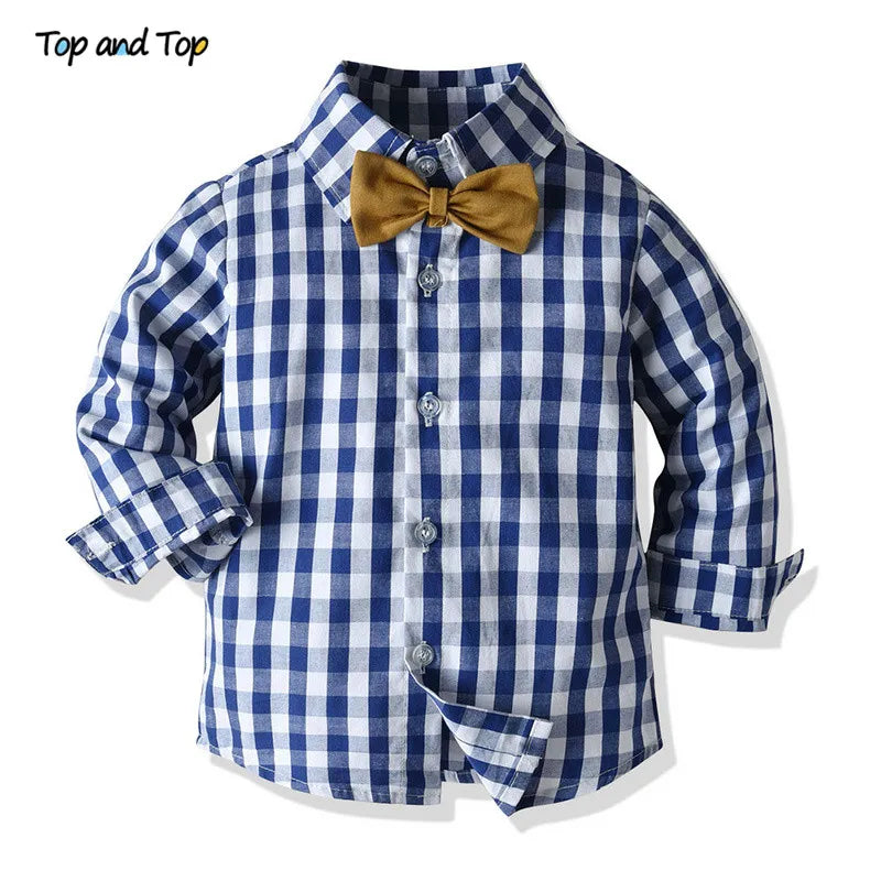Boys Clothing Sets Springs Autumn New Kids Boys Long Sleeve Plaid Bowtie Tops+Suspender Pants Casual Clothes Outfit