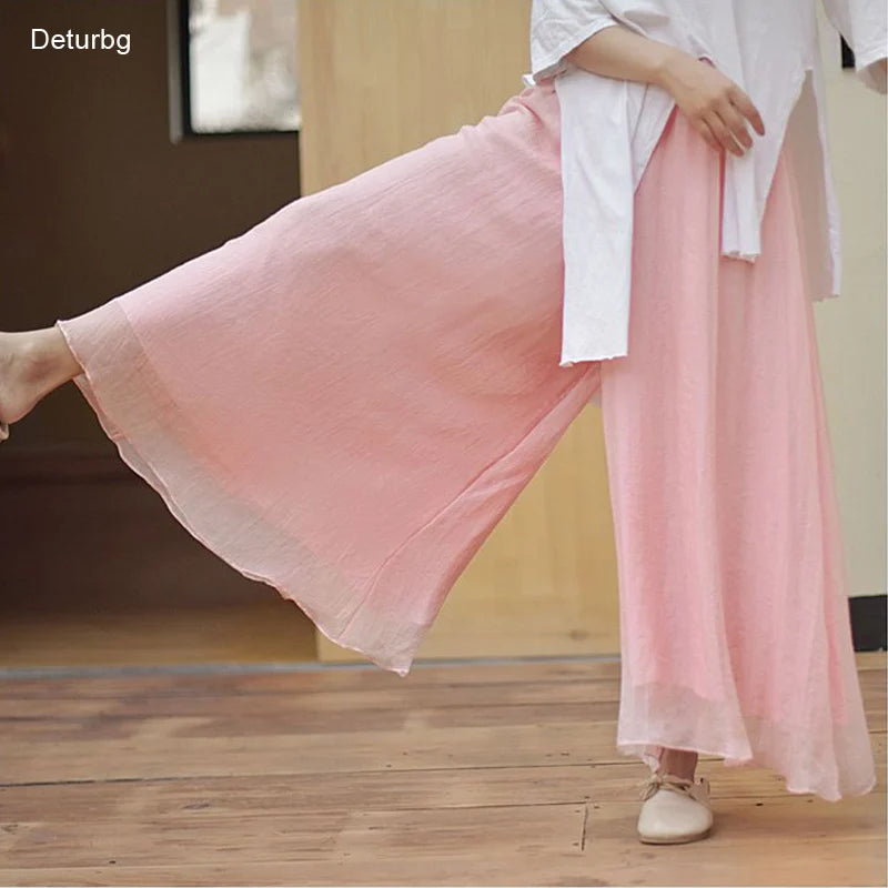 Women's Elegant Chinese Style Wide Leg Pants Female Casual Cotton Linen Loose High Waisted Flowy Dance Pants Spring