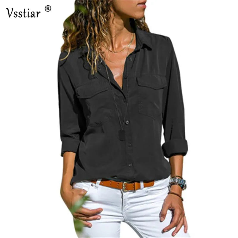 Women Blouse Shirts  Long Sleeve Tops Casual Turn-down Collar Pockets Slim Solid Female Blouses
