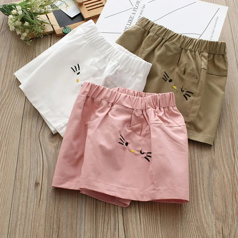 Children Fashion Cotton Embroidery Cartoon Solid Color Cotton Summer Shorts For Kids Baby Girls