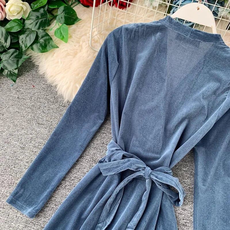 Vintage Long Sleeve V-Neck Bandage Dresses High Waist Elegant Black Party Dress Spring New Women Velvet Dress