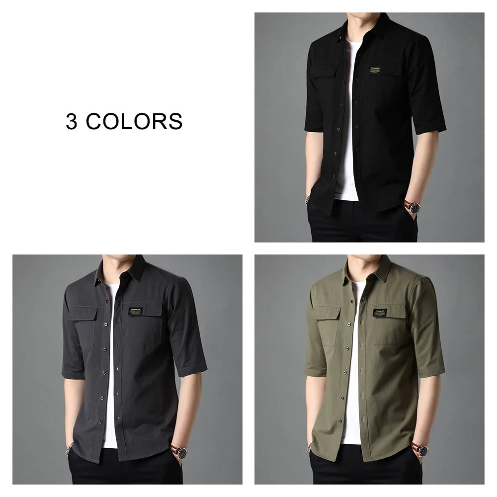 Spring Summer High Quality Streetwear Fashion Style Big Pocket 100% Cotton Half Sleeve Shirt Men Clothing C6056S