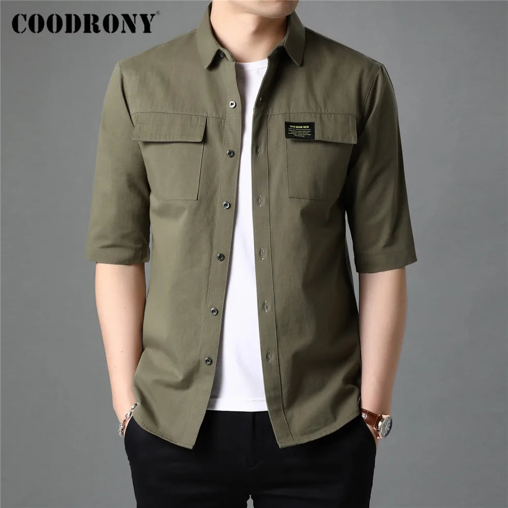 Spring Summer High Quality Streetwear Fashion Style Big Pocket 100% Cotton Half Sleeve Shirt Men Clothing C6056S