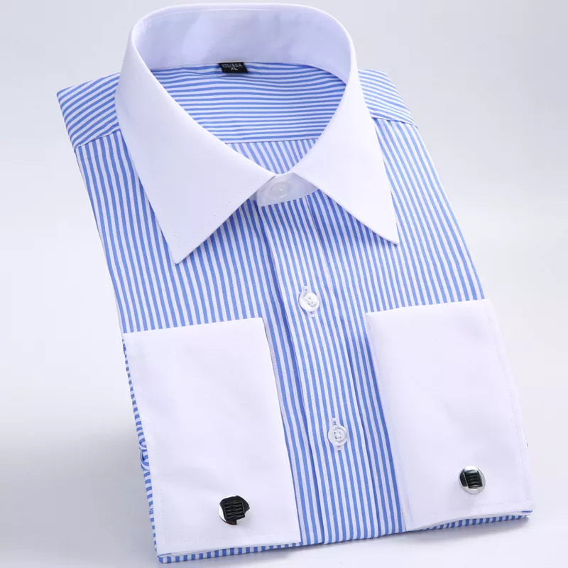 Men's Classic French Cuffs Striped Dress Shirt Single Patch Pocket Standard-fit Long Sleeve Wedding Shirts
