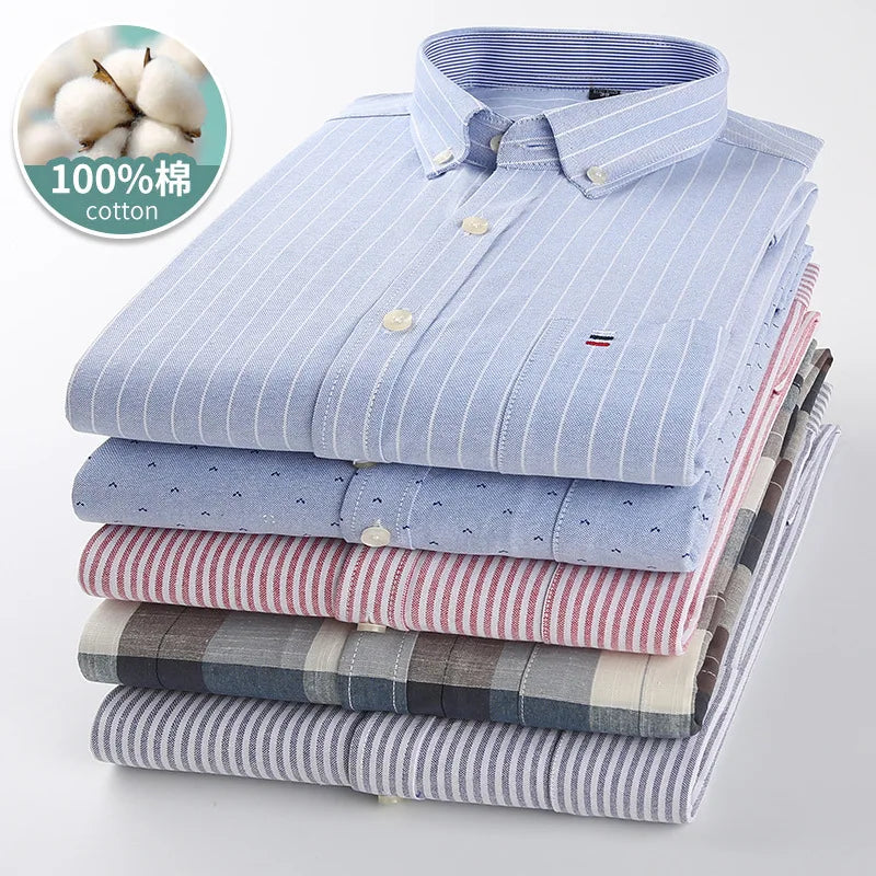 Mens Striped Shirts 100% Cotton Oxford Long Sleeve Plaid Solid Color Casual Shirts for Business Men Daily Use