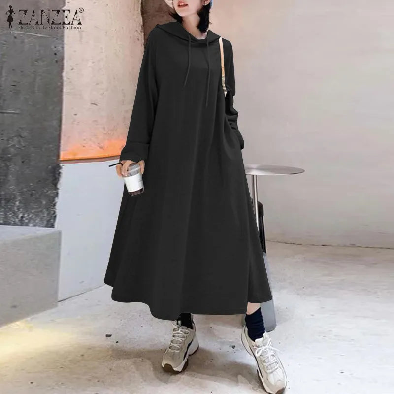 Stylish Hooded Hoodies Dress Women Autumn Sweatshirts Casual Long Sleeve Maxi  Female Solid Robe