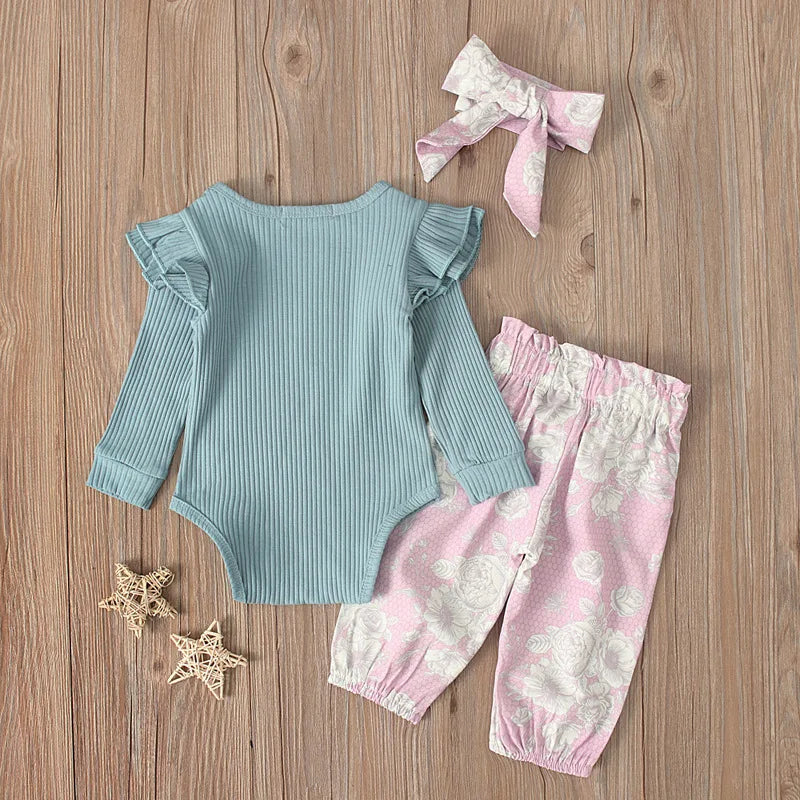 Spring 3Piece Outfits Newborn Baby Girls Clothes Long Sleeve Cotton Bodysuits+Flowers Pants+Headband Infant Clothing Sets