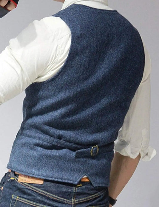 Men's Casual Classic Suit Vest V Neck Herringbone Tweed Slim Fit Business Waistcoat For Wedding