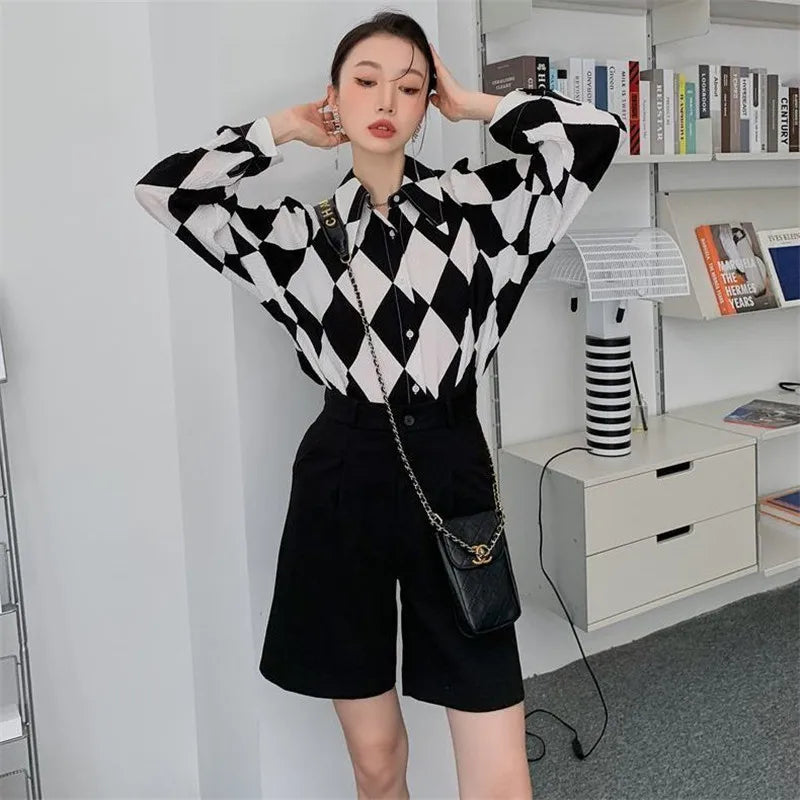 Elegant Retro Diamond Pattern Women Shirt Loose All-Match Long-Sleeved Shirt Spring Autumn Korean Style Blouse Female Top Lady