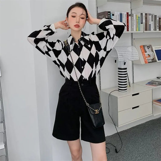Elegant Retro Diamond Pattern Women Shirt Loose All-Match Long-Sleeved Shirt Spring Autumn Korean Style Blouse Female Top Lady
