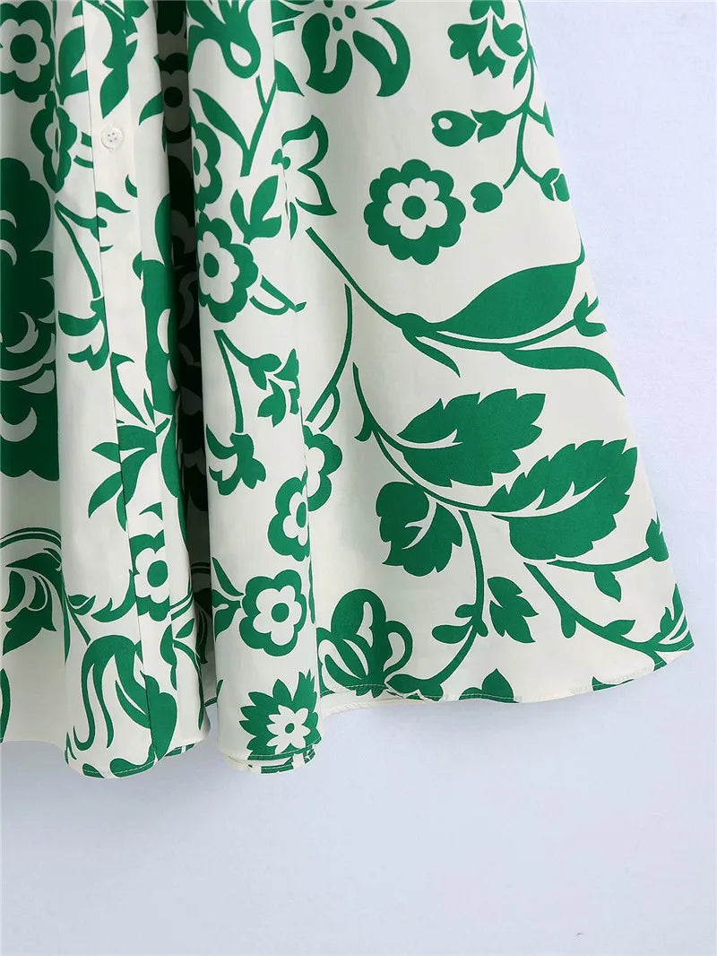 Women Green Floral Midi Dress With Belt Vintage Three Quarter Sleeve Dress Female Outwear Vestidos