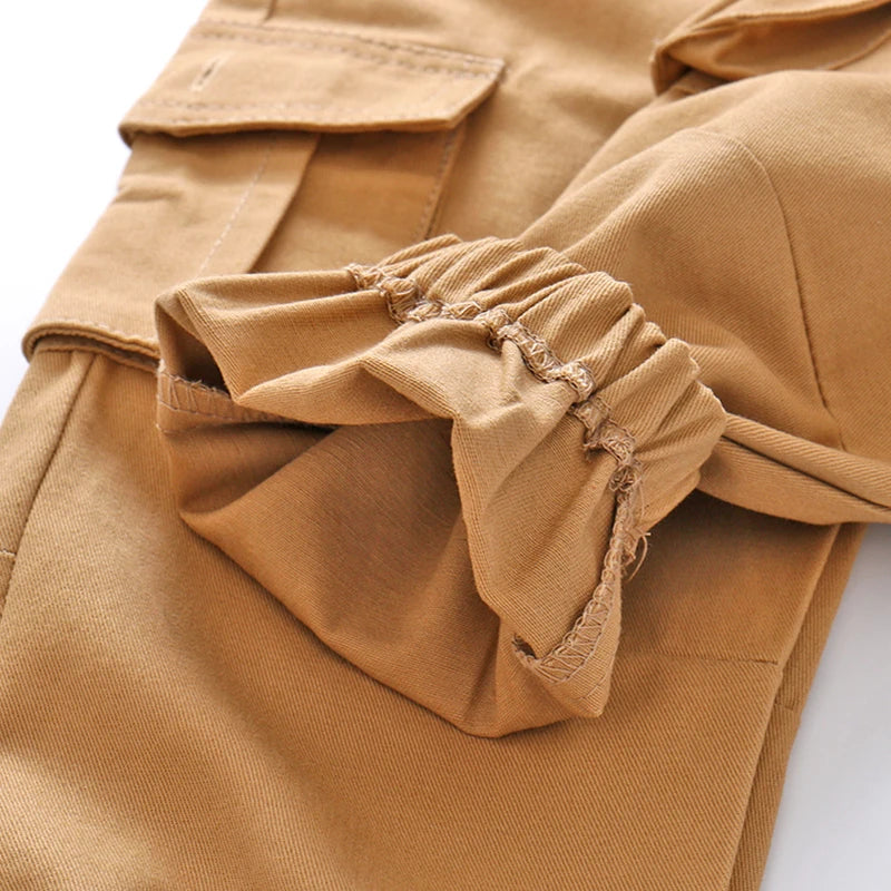 Spring Autumn Casual 3 4 6 8 10 Years Children's Solid Trousers Big Pocket Drawstring Long Cargo Pants For Kids Baby Boys