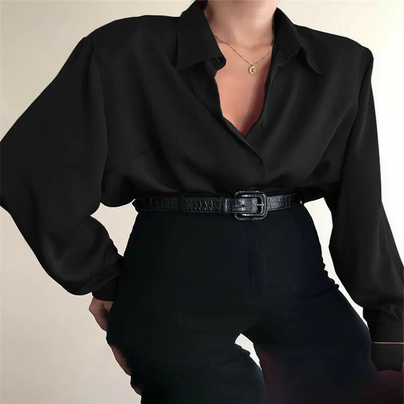 Women Button Blouses Turn Down Collar Shirts Long Sleeve Casual Blouse Loose Shirt Baggy Tops