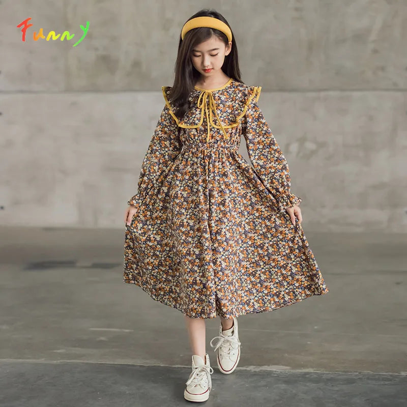 Girls Dress Floral Printed Long Sleeve Spring Autumn Cotton Midi Casual Teen Dress Kids Clothes Robe