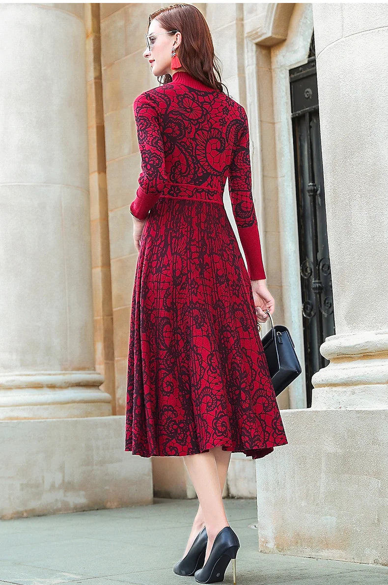 Red autumn/winter  new turtle neck long sleeve cultivate one's temperament sweater knitting dress knee-length dress