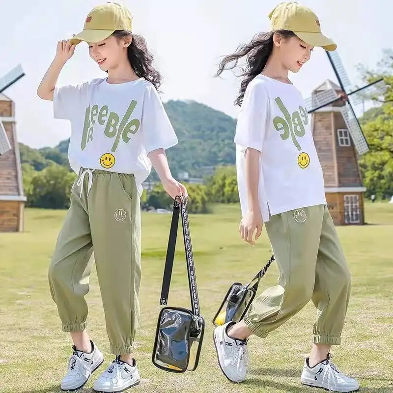 Teenage Summer Girls Clothes Sets Outfits Kids Short Sleeve T-shirt + Long Pants 2PCS Children Clothing 6 8 10 12 14 Year