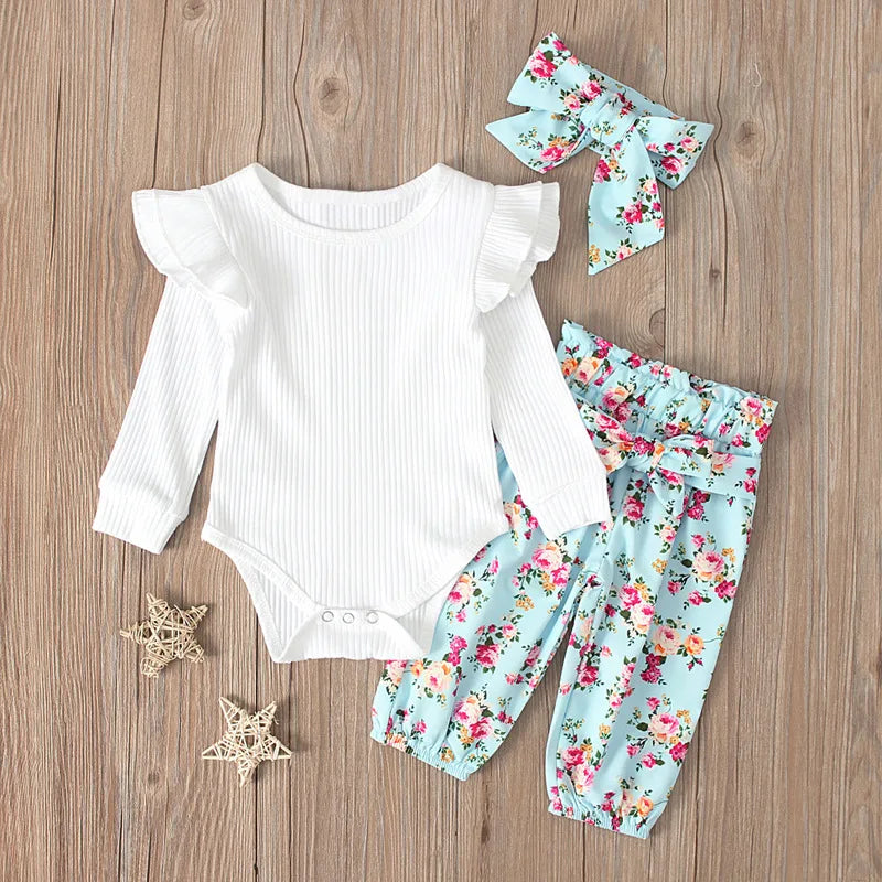 Spring 3Piece Outfits Newborn Baby Girls Clothes Long Sleeve Cotton Bodysuits+Flowers Pants+Headband Infant Clothing Sets