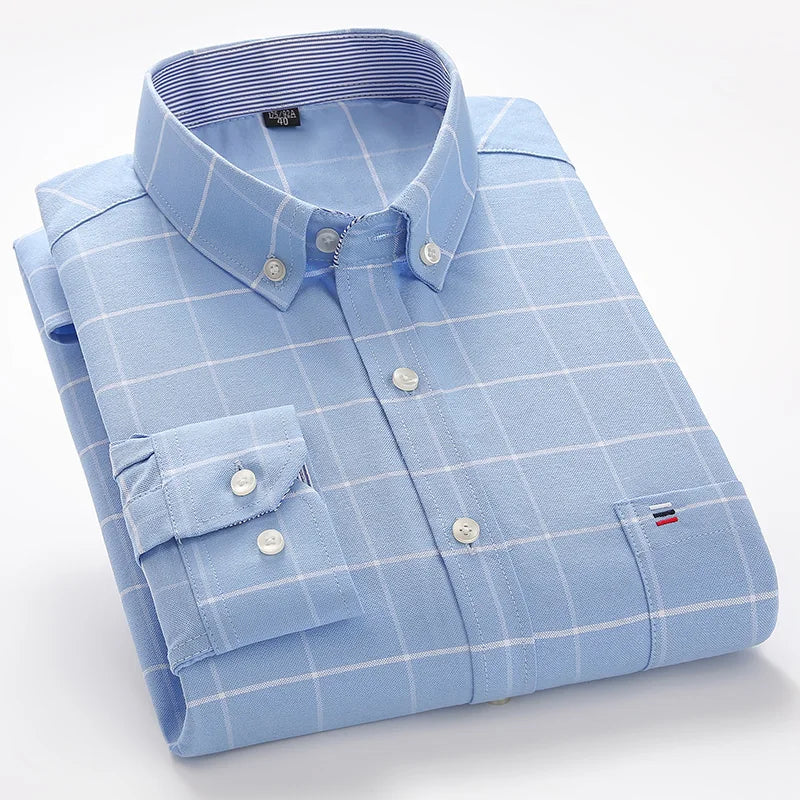 Mens Striped Shirts 100% Cotton Oxford Long Sleeve Plaid Solid Color Casual Shirts for Business Men Daily Use