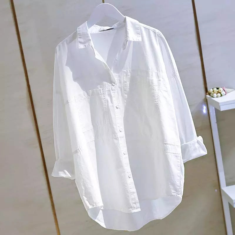 Shirts Womens  Korean Fashionable Double Pocket Long Sleeve Cotton White Tops Female  Boy Friend Style Trend Blouse