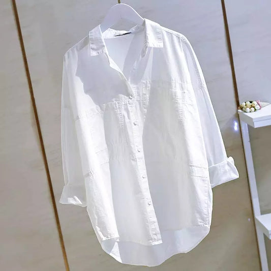 Shirts Womens  Korean Fashionable Double Pocket Long Sleeve Cotton White Tops Female  Boy Friend Style Trend Blouse
