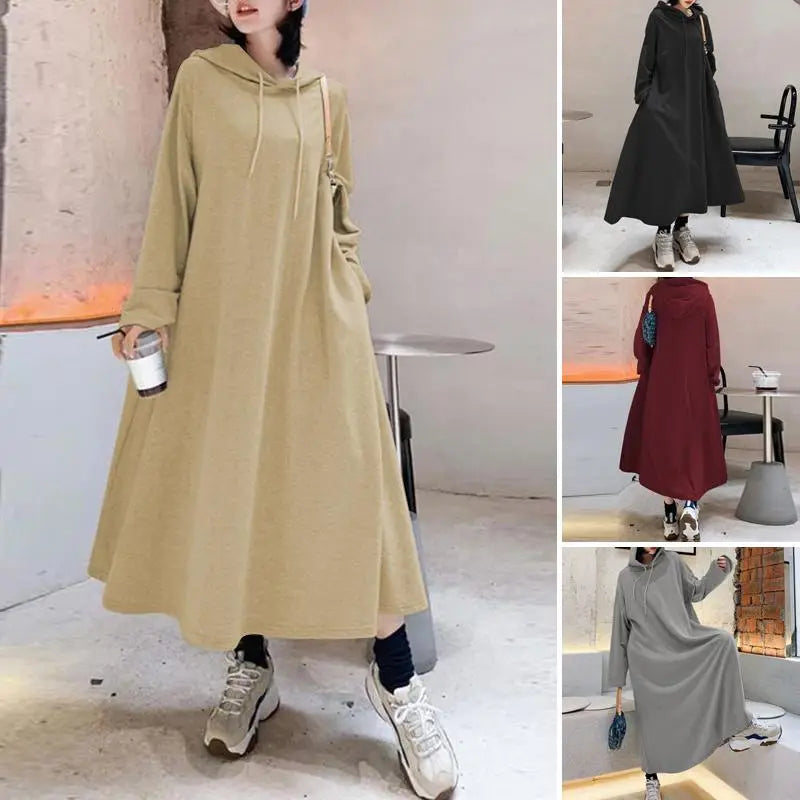 Stylish Hooded Hoodies Dress Women Autumn Sweatshirts Casual Long Sleeve Maxi  Female Solid Robe