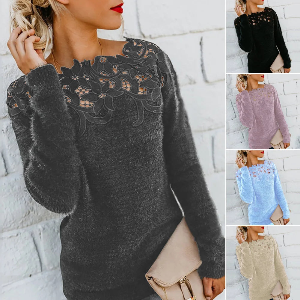 Loose dress Sweater  Women Solid Color Long Sleeve O Neck Floral Lace Pullover vest Sweater
