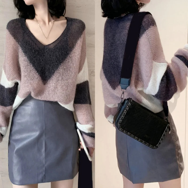 Women's Mohair Sweater Sexy V-neck Striped Hollow Knit Oversized Long Sleeve Pullover Sweater Fall Fashion Harajuku Jumpers