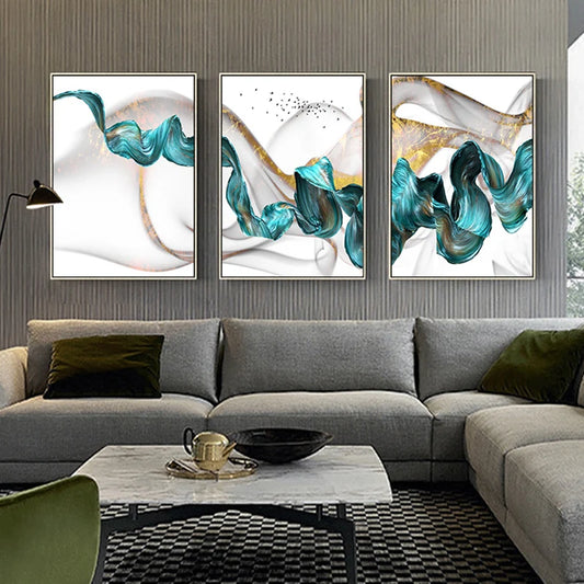 Nordic Abstract Color Spalsh Blue Golden Canvas Painting Poster And Print Unique Decor Wall Art Pictures For Living Room Bedroom