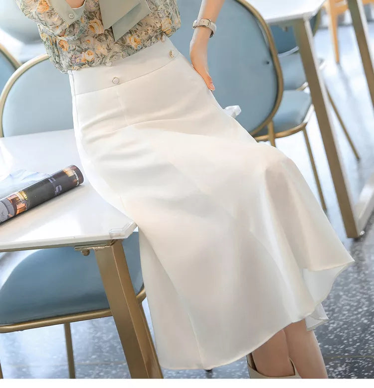 Skirt Women Spring Summer Skirts Korean Fashion Elegant High Waisted White Pink Black Midi Skirts