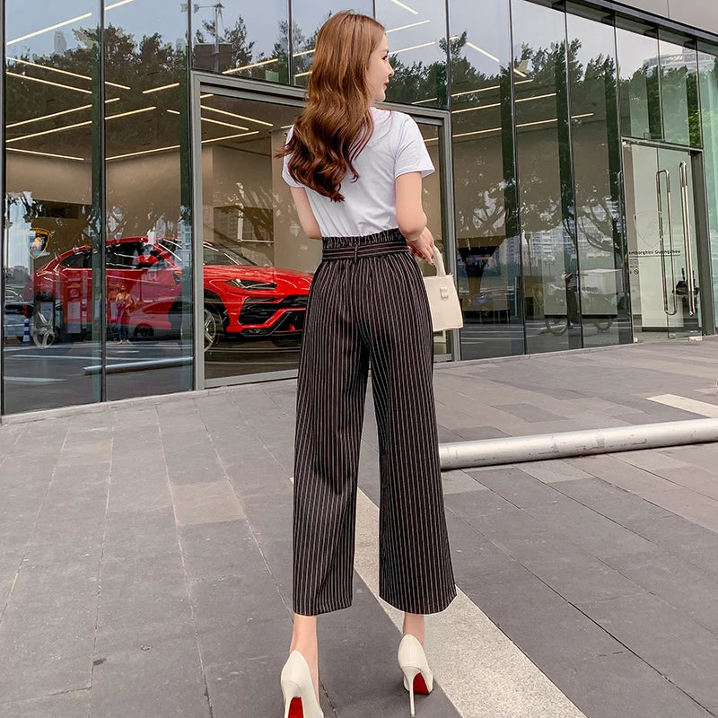 Wide Leg Pants Elastic High Waist Woman Plaid Striped Bottom Capris Pant Summer Wear Loose Stripe Bow Tie Women Cropped Trousers