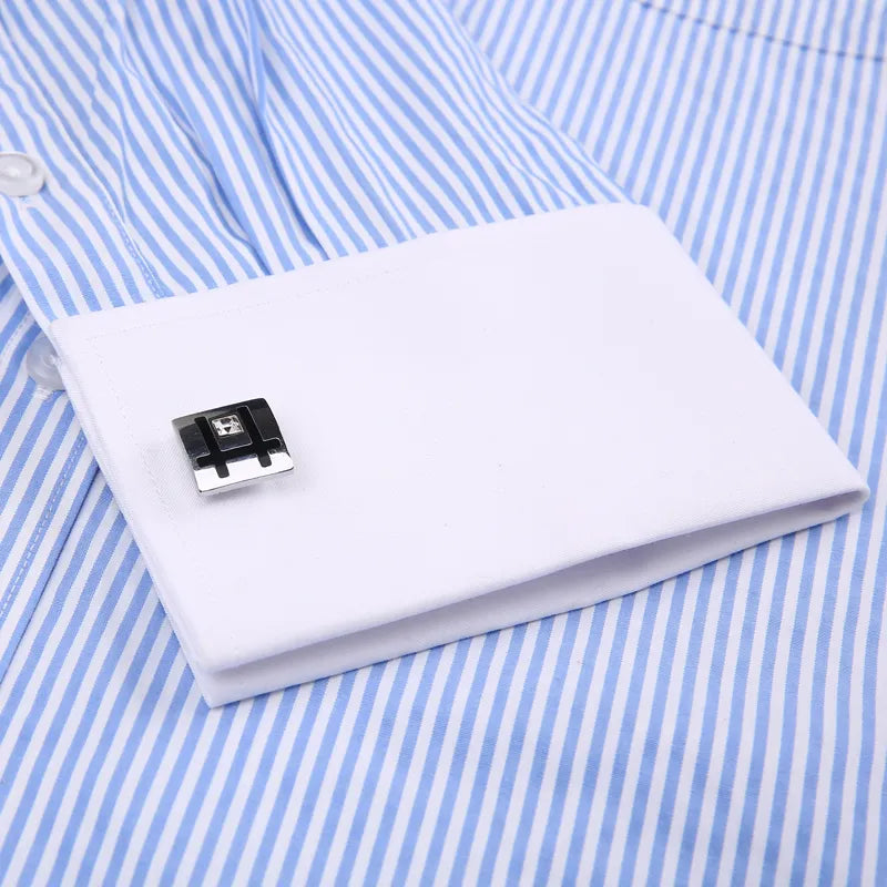 Men's Classic French Cuffs Striped Dress Shirt Single Patch Pocket Standard-fit Long Sleeve Wedding Shirts