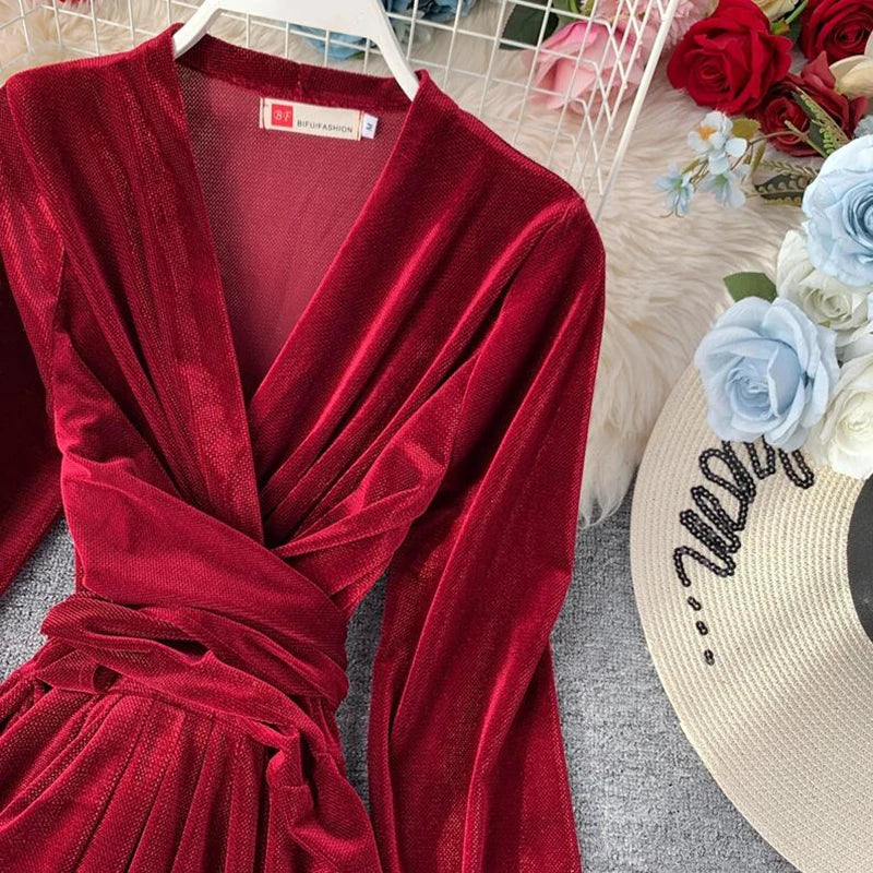 Vintage Long Sleeve V-Neck Bandage Dresses High Waist Elegant Black Party Dress Spring New Women Velvet Dress