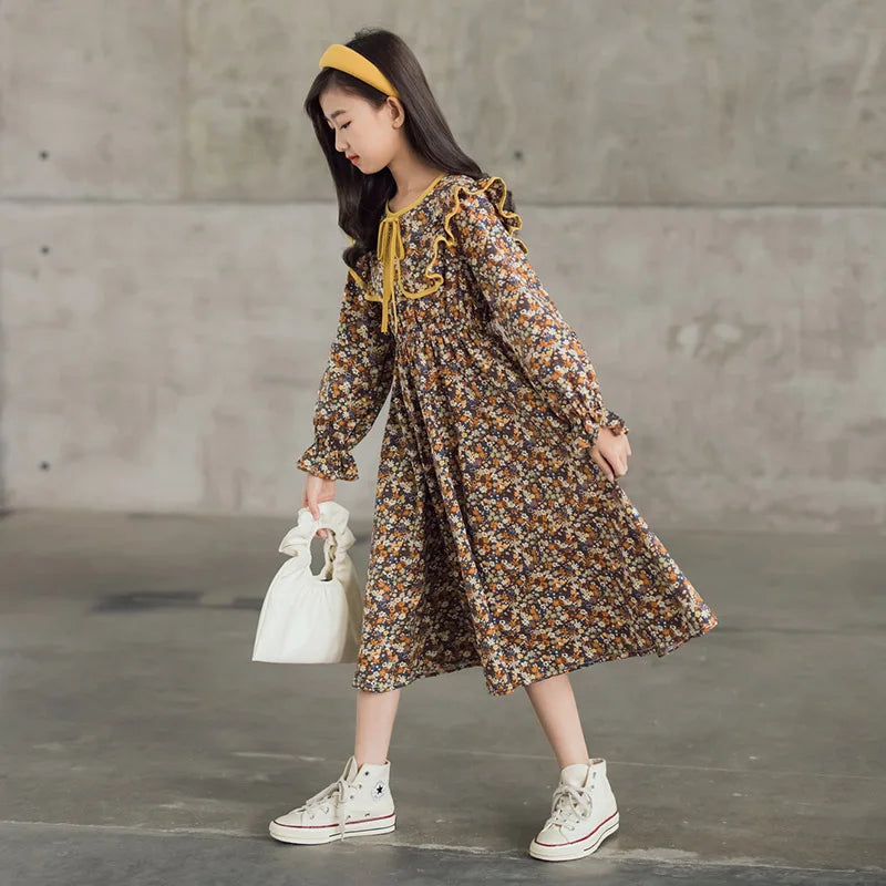 Girls Dress Floral Printed Long Sleeve Spring Autumn Cotton Midi Casual Teen Dress Kids Clothes Robe