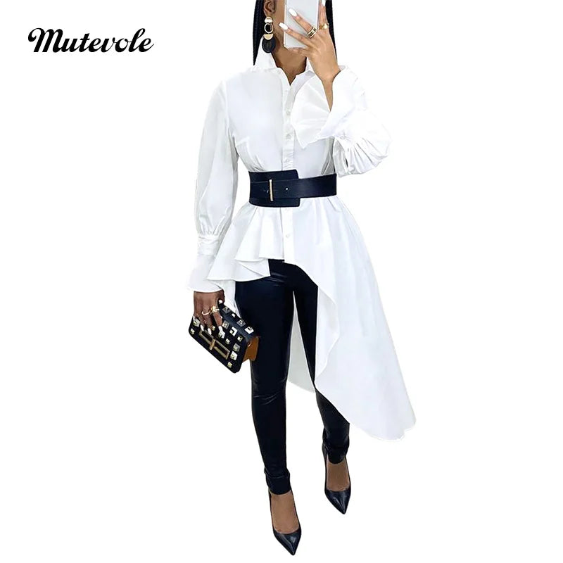 Casual Flare Sleeve Irregular Blouse Shirt Women Sexy Asymmetrical Long Shirt Fashion Front Button White High Low Tops