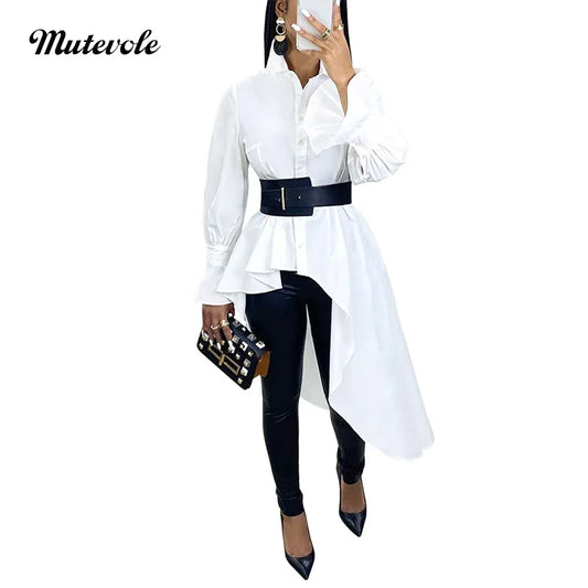 Casual Flare Sleeve Irregular Blouse Shirt Women Sexy Asymmetrical Long Shirt Fashion Front Button White High Low Tops