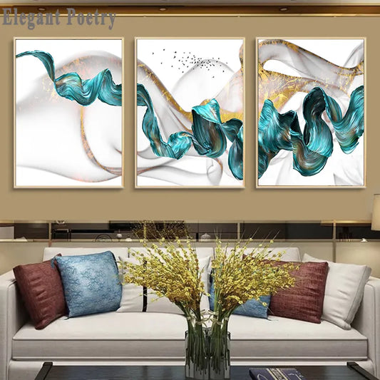 Nordic Abstract Color Spalsh Blue Golden Canvas Painting Poster And Print Unique Decor Wall Art Pictures For Living Room Bedroom